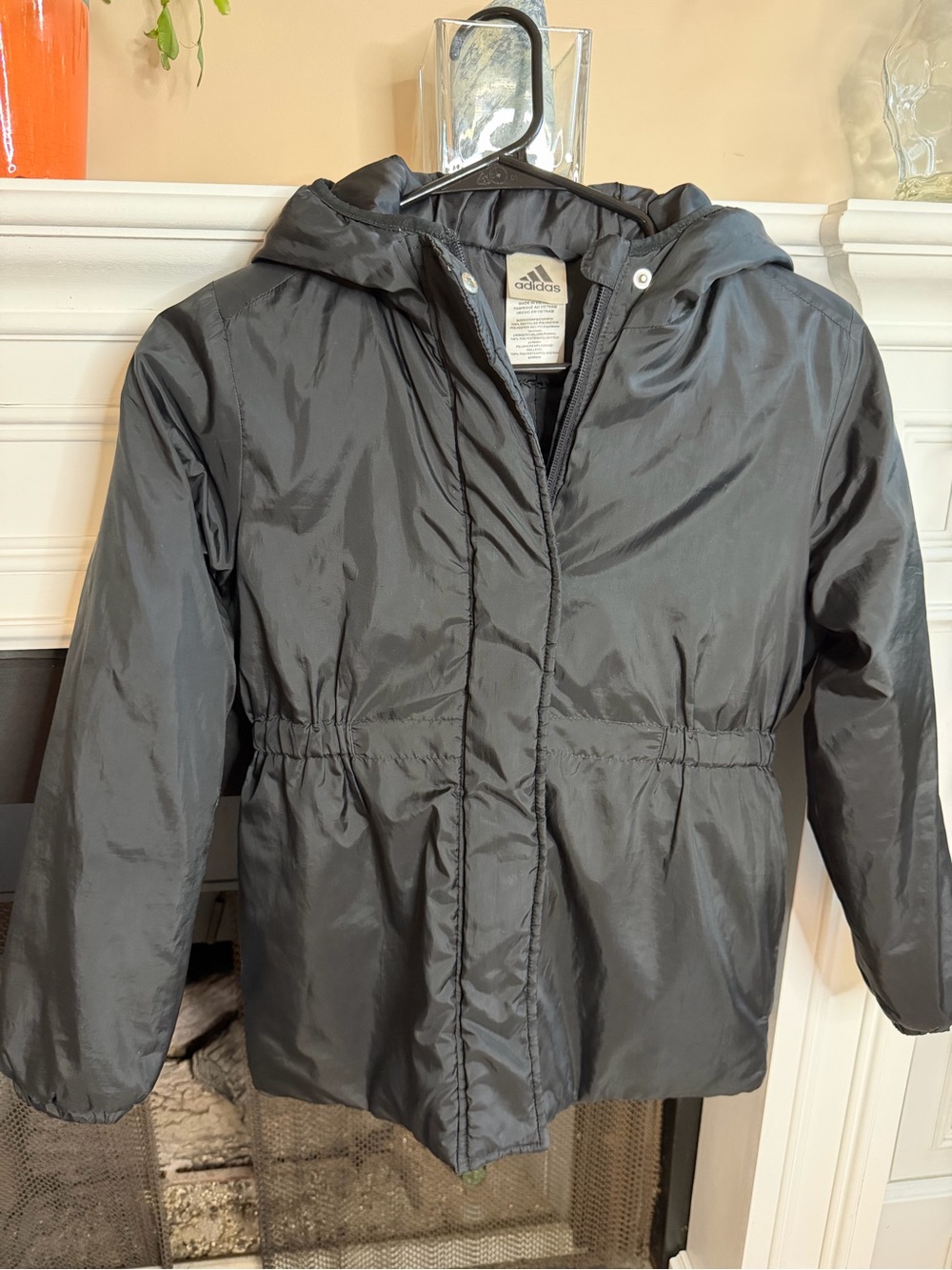 Adidas Girls Long Hooded Puffer Parka Jacket M 10 12 Black Cinched Waist Coat